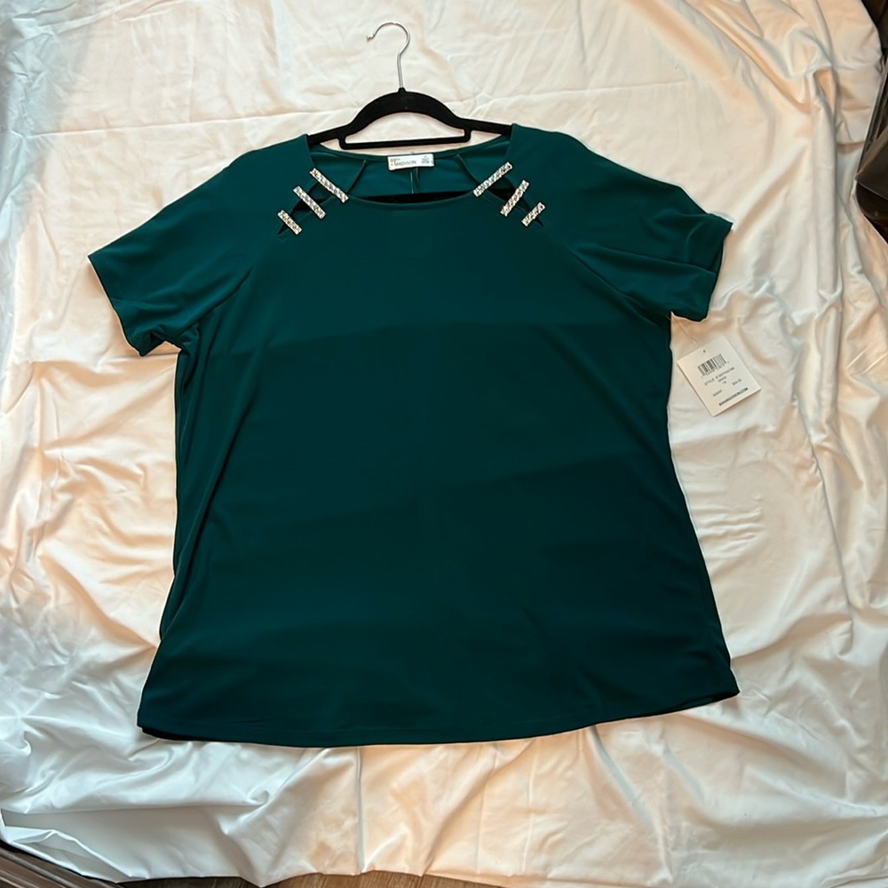 Gorgeous top with rhinestone detail at shoulders